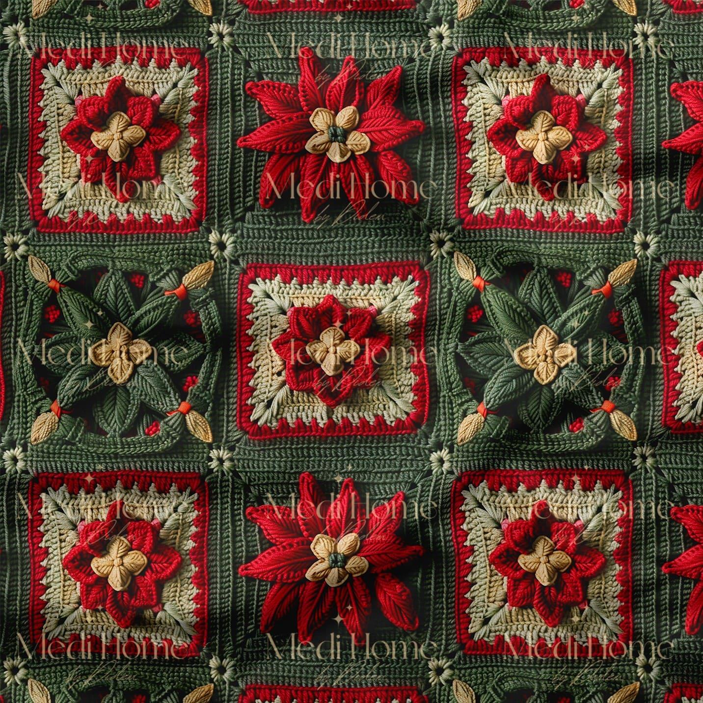 Kırmızı Çiçekli Yılbaşı Patchwork Dokusu – 3D Örgü Dijital Baskılı Kumaş