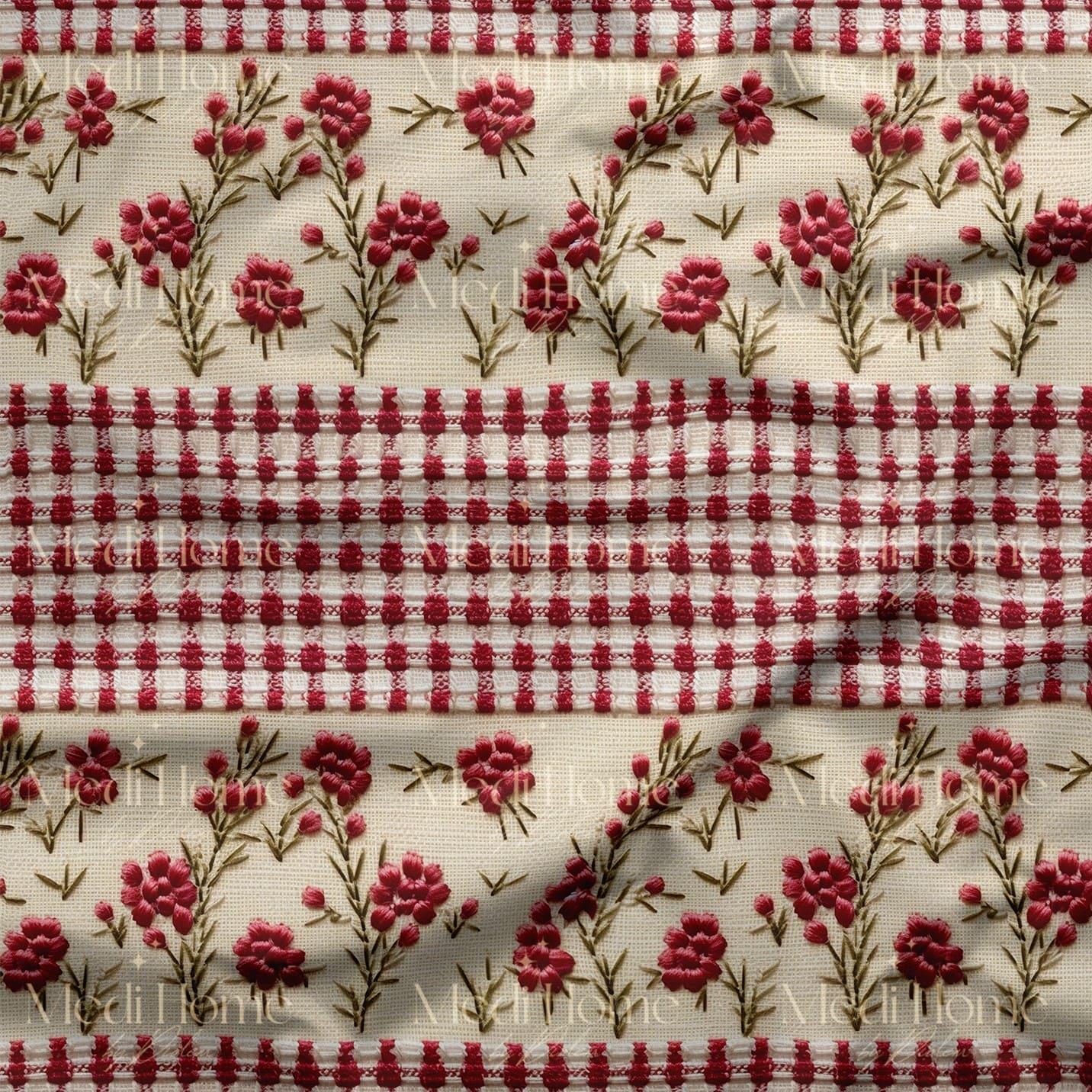 Kırmızı Dama Üzerinde Çiçekli Yollar Dijital Baskılı Kumaş