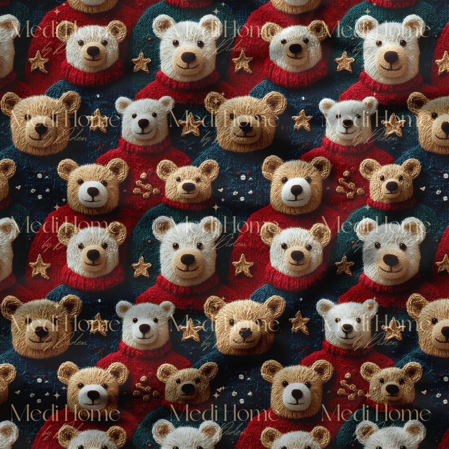 Kırmızı Kazaklı Yıldızlı Teddy Ayıcıklar Dijital Baskılı Kumaş