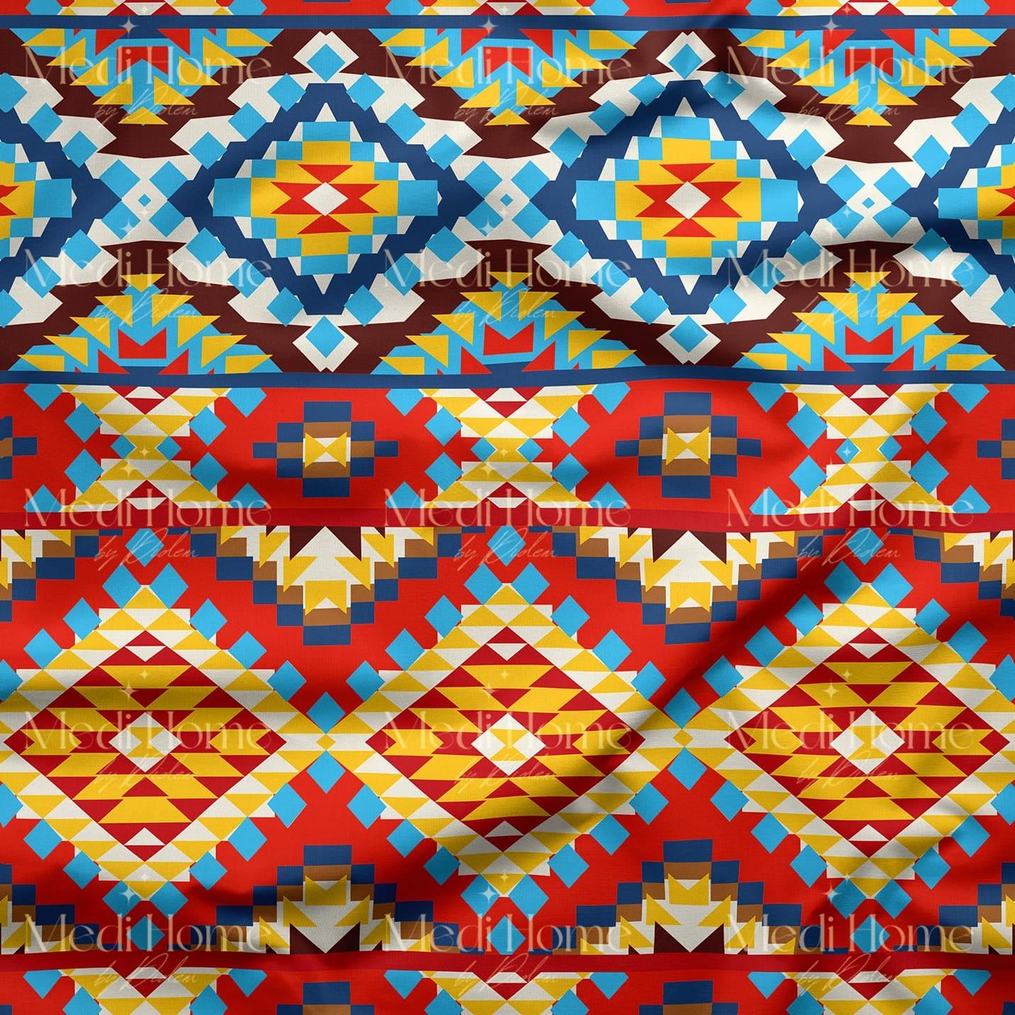 Kırmızının Ritminde Etnik Geometri Dijital Baskılı Kumaş