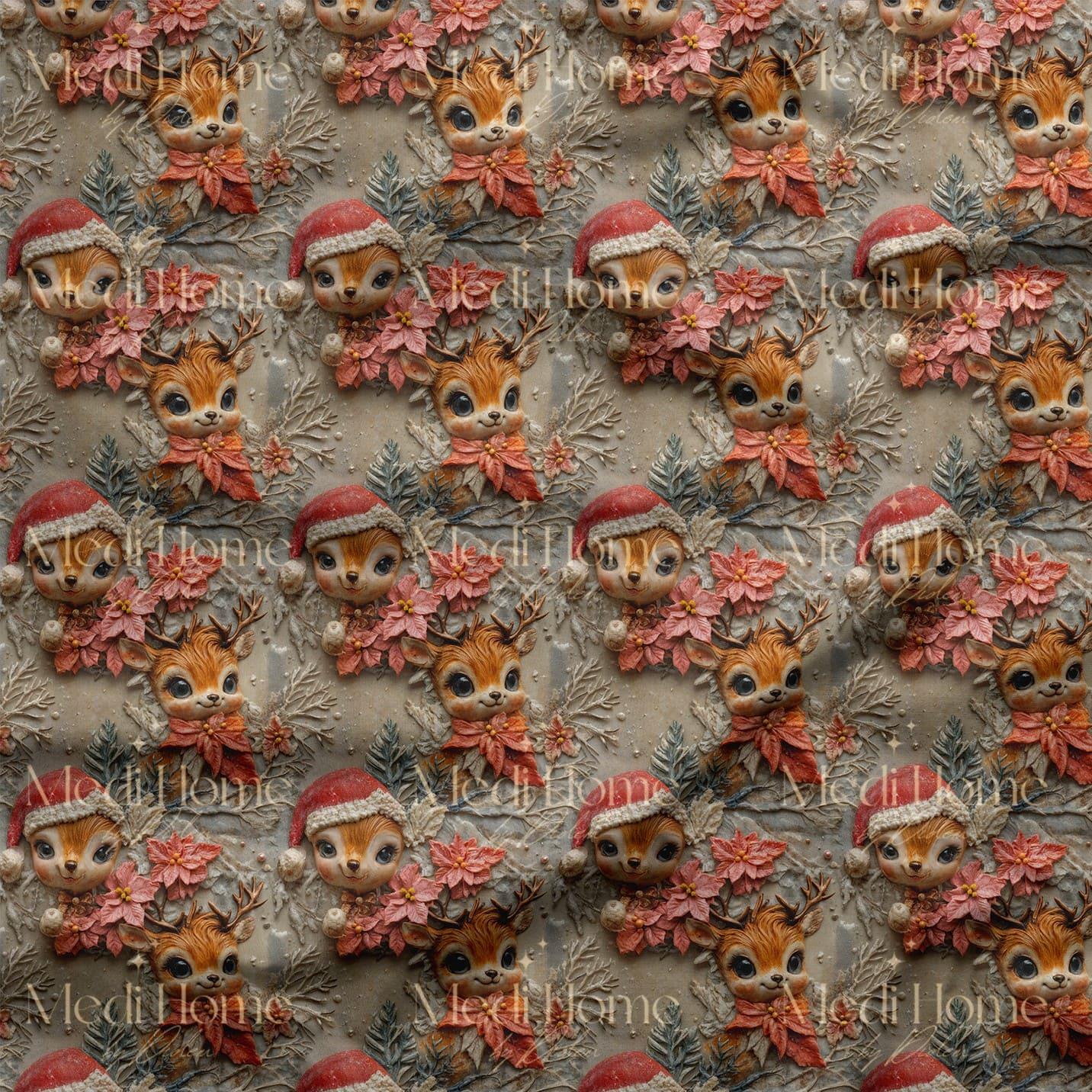 Kış Çiçekleri Arasında Sevimli Geyikler Dijital Baskılı Kumaş