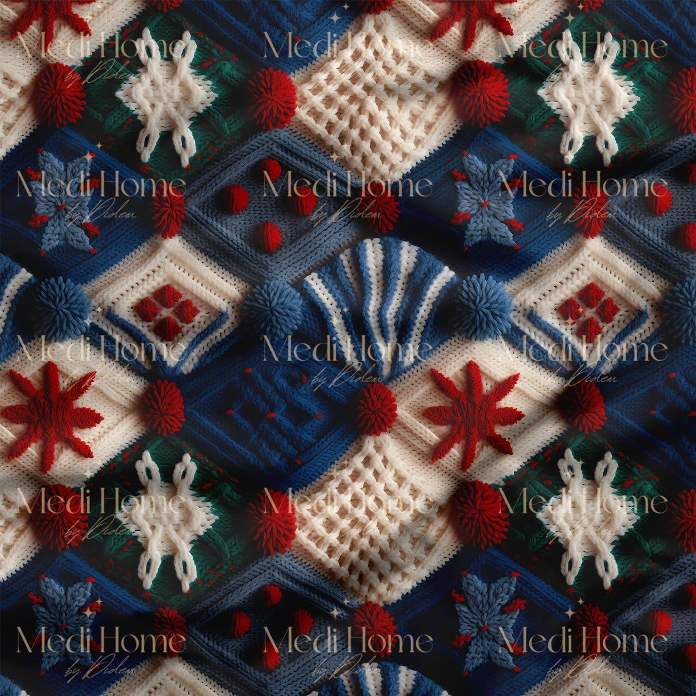 Kış Masalının Örgü Patchwork Şöleni – 3D Yılbaşı Deseni Dijital Baskılı Kumaş