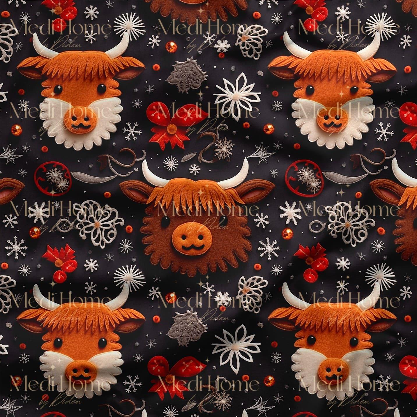 Kışın Keçe Yüzlü Highland Cow Neşesi Dijital Baskılı Kumaş