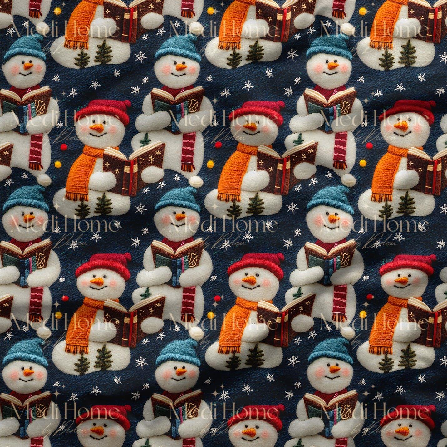 Kitap Okuyan Kardan Adamların Kışı Dijital Baskılı Kumaş