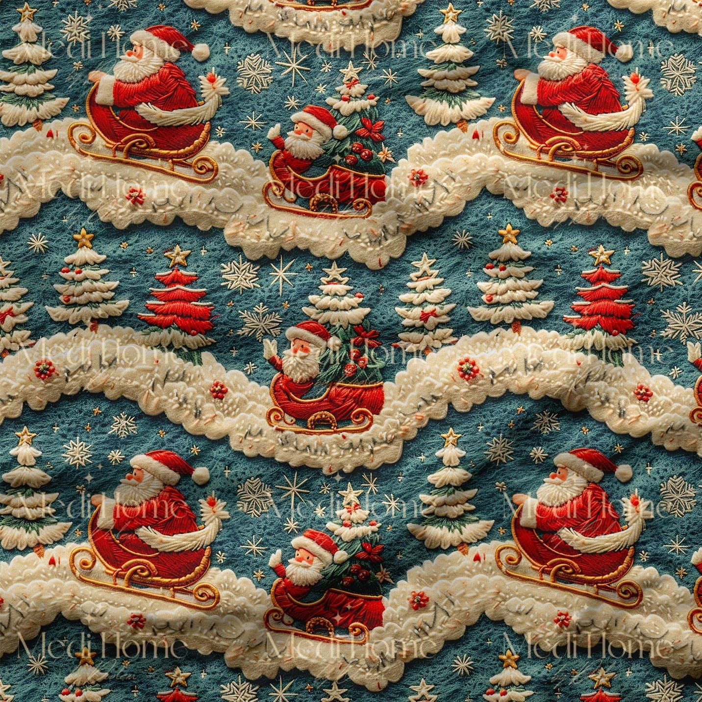 Kızaklı Noel Baba'nın Kış Yolculuğu – 3D Yılbaşı Dijital Baskılı Kumaş