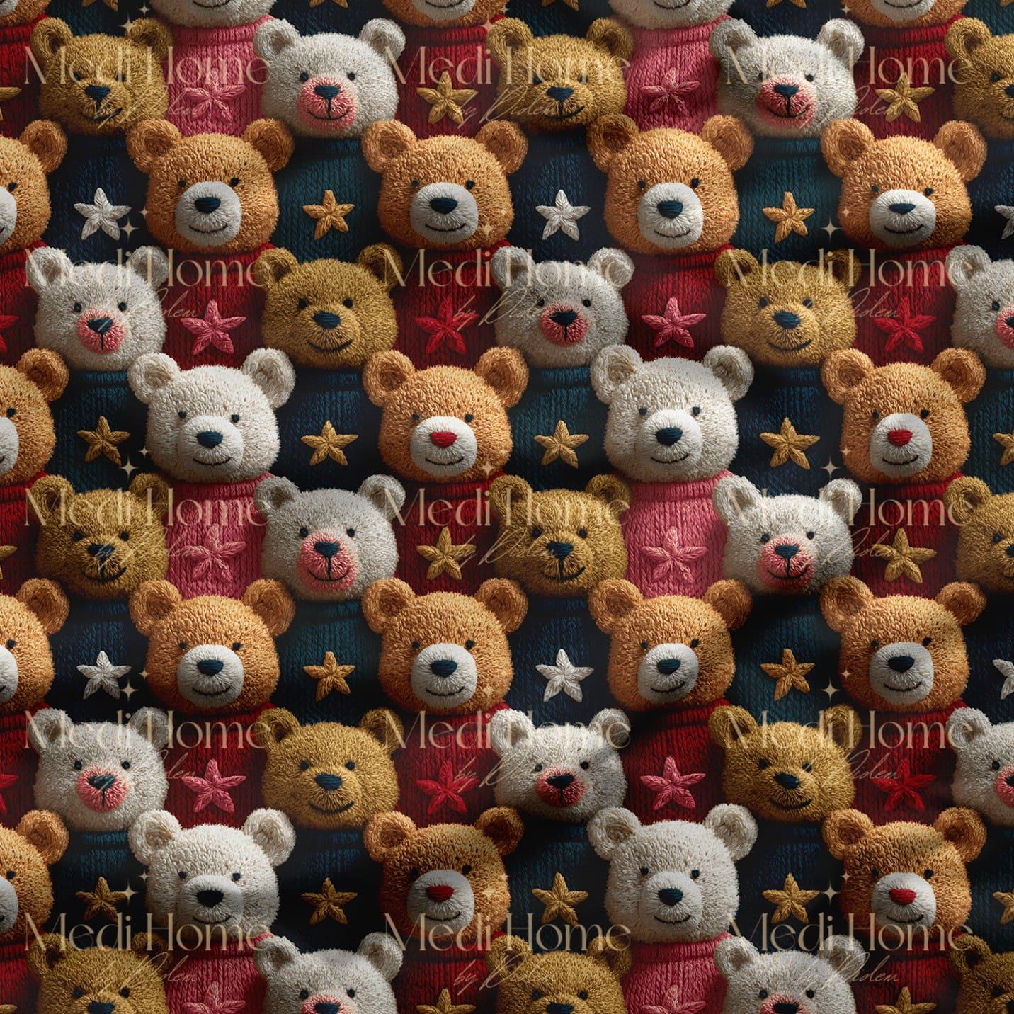 Klasik Teddy Ayıcıklar ve Yıldızlar Dijital Baskılı Kumaş