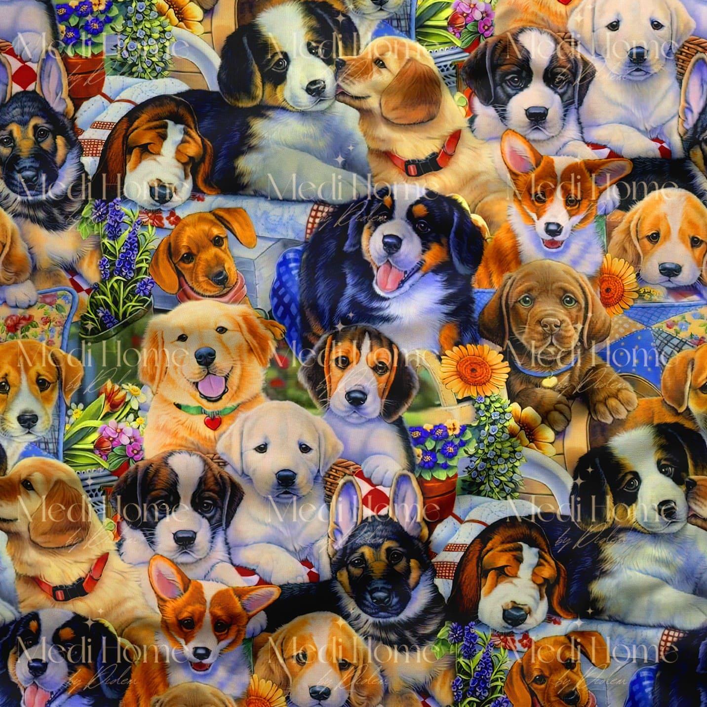 Köpekçiklerin Bahçesi Dijital Baskılı Kumaş
