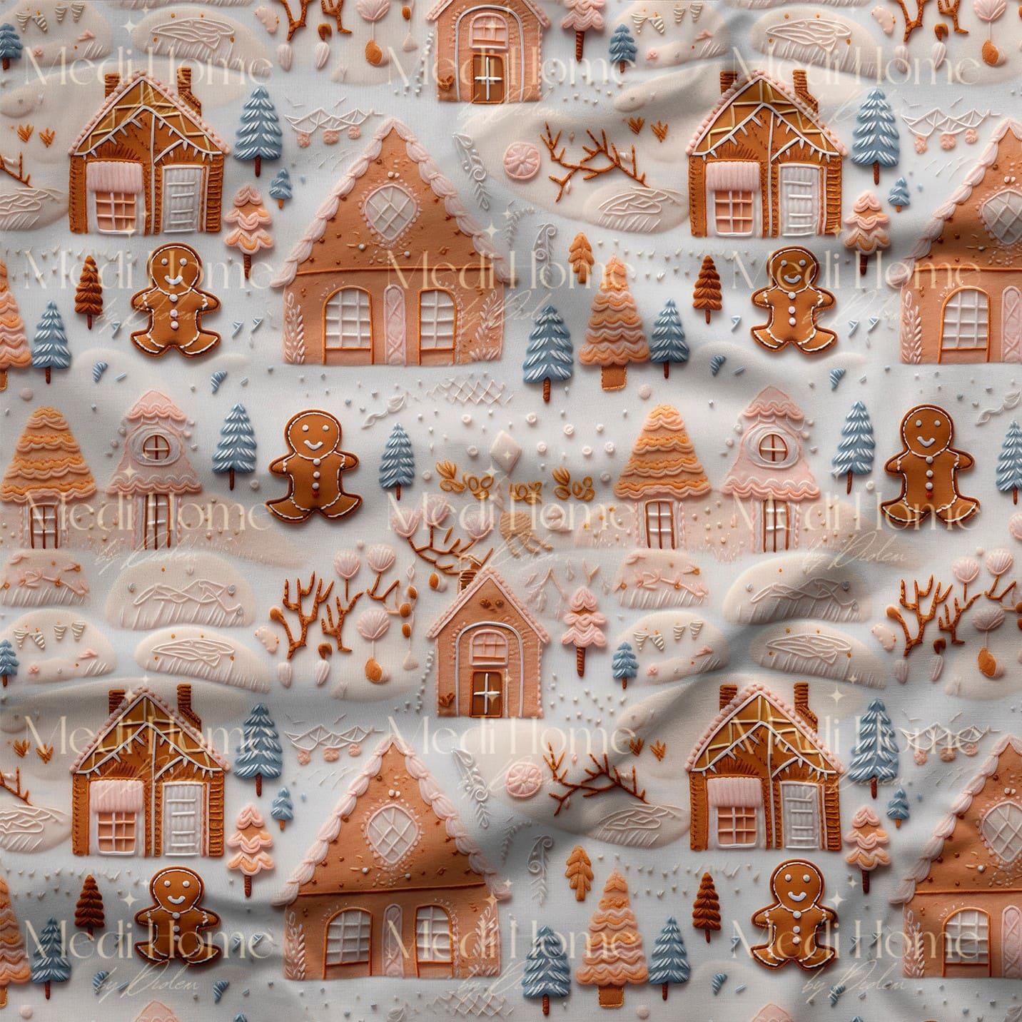 Krem Rüyasının Gingerbread Kasabası Dijital Baskılı Kumaş