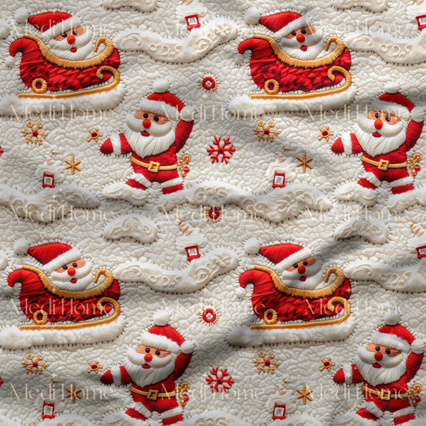 Krem Üzerinde Neşeli Noel Baba & Kızak Dansı – 3D Yılbaşı Dijital Baskılı Kumaş