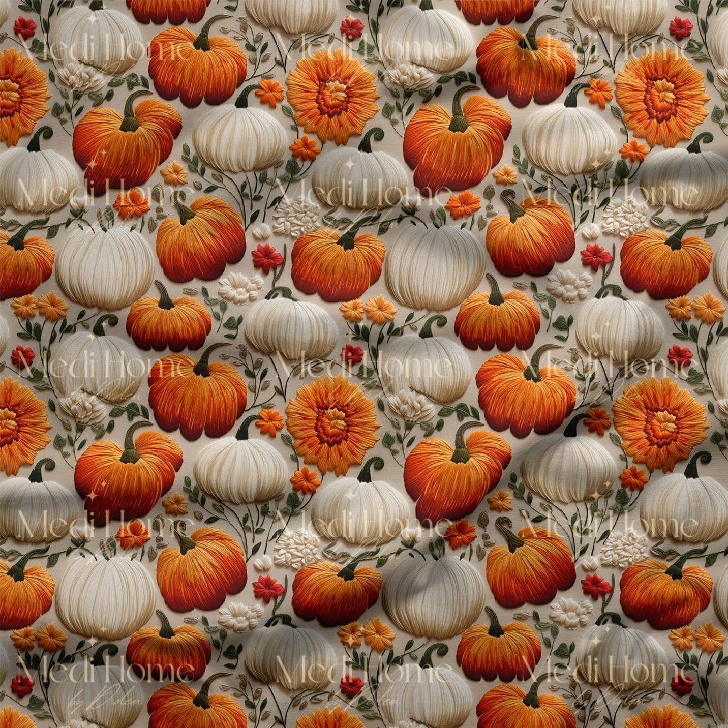 Krem Zemin Üzerinde Balkabağı Hasadı Dijital Baskılı Kumaş