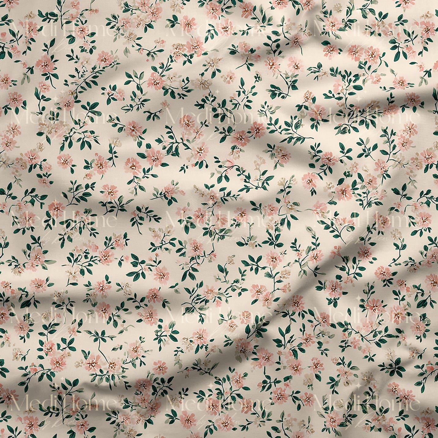 Krem Zeminde Pudra Mini Çiçek Bahçesi Dijital Baskılı Kumaş