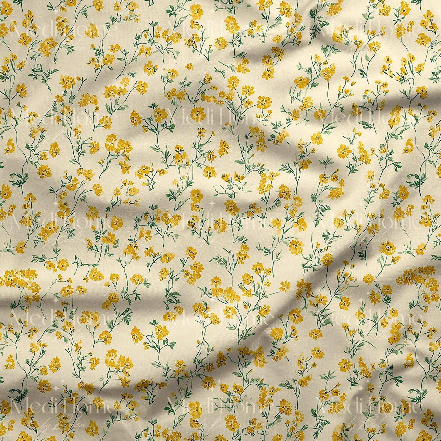 Krem Zeminde Sarı Mini Bahar Dalları Dijital Baskılı Kumaş