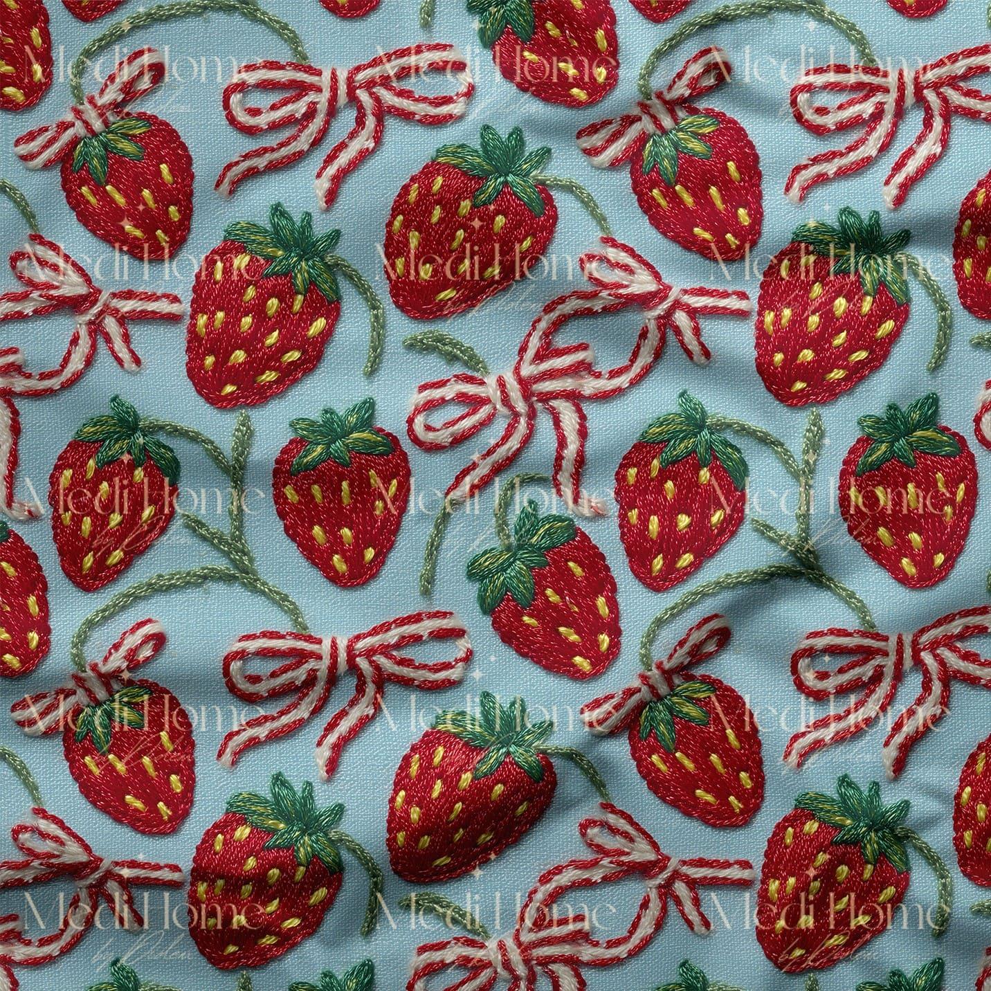 Kurdeleli Çilek Bahçesi Dijital Baskılı Kumaş