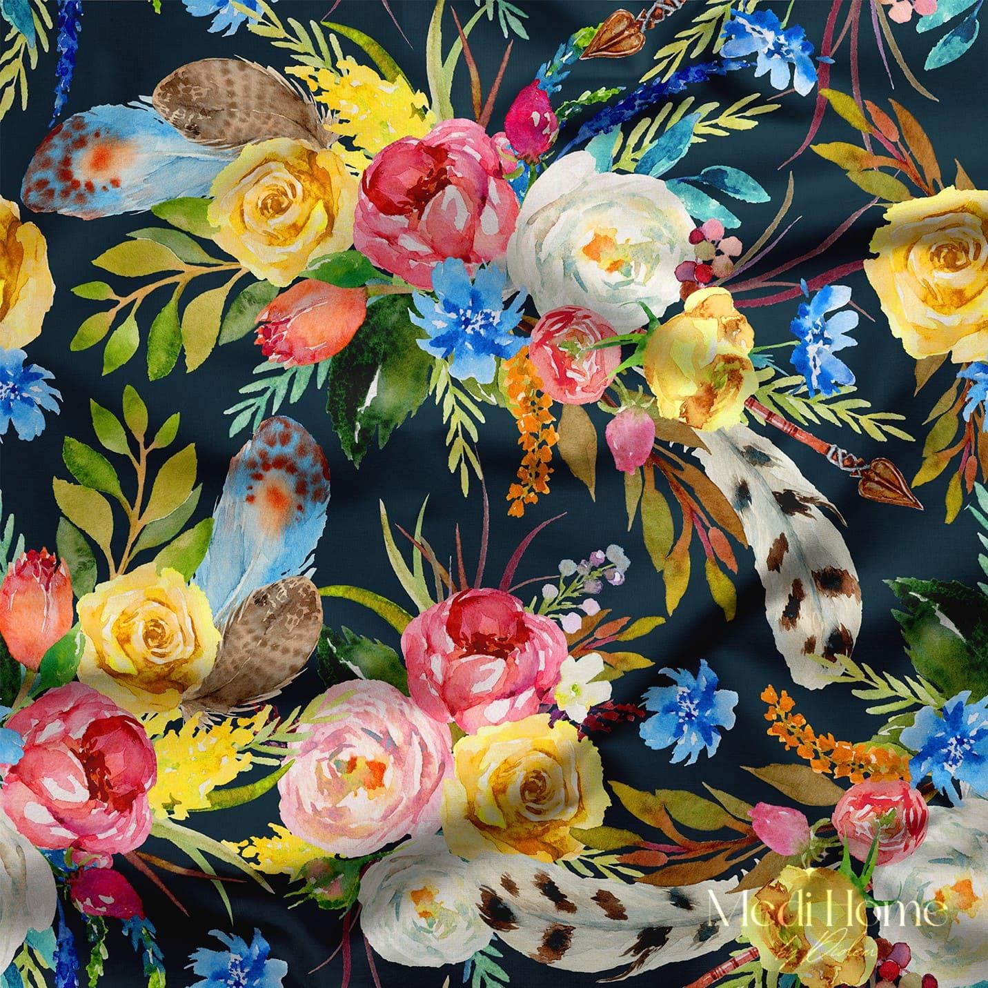 Kuş Tüyleriyle Bezenmiş Çiçek Masalı Dijital Baskılı Kumaş