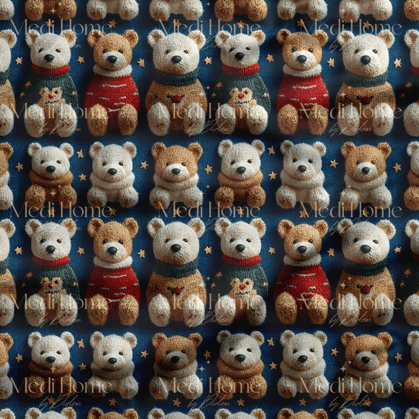 Lacivert Zeminde Kışlık Kazaklı Teddy Ayıcıklar Dijital Baskılı Kumaş