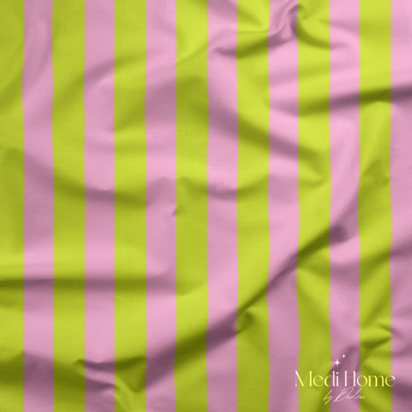 Lime Yeşili – Pudra Pembe 2,5 cm Çizgili Dijital Baskılı Kumaş