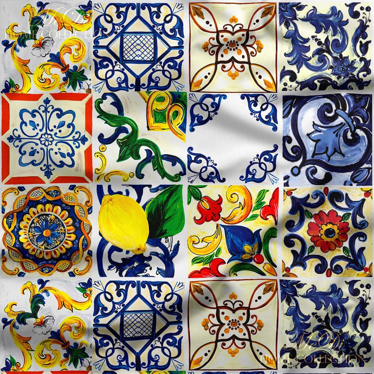 Limon Çini Motifli Fayans Desenli Dijital Baskılı Kumaş
