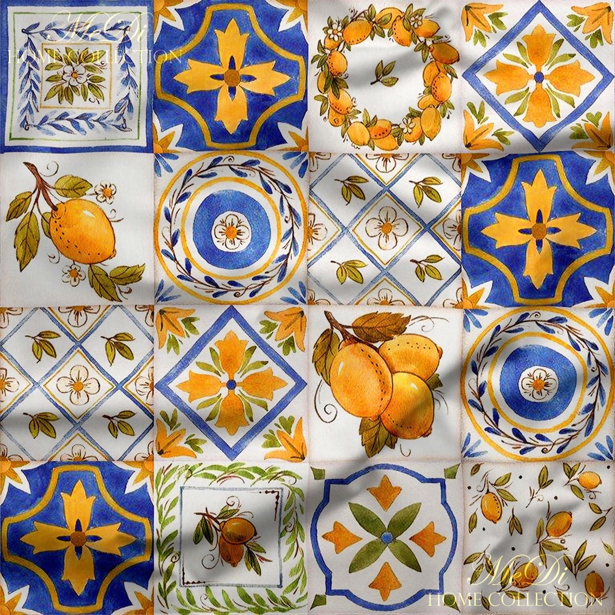 Limon Çini Motifli Fayans Desenli Dijital Baskılı Kumaş
