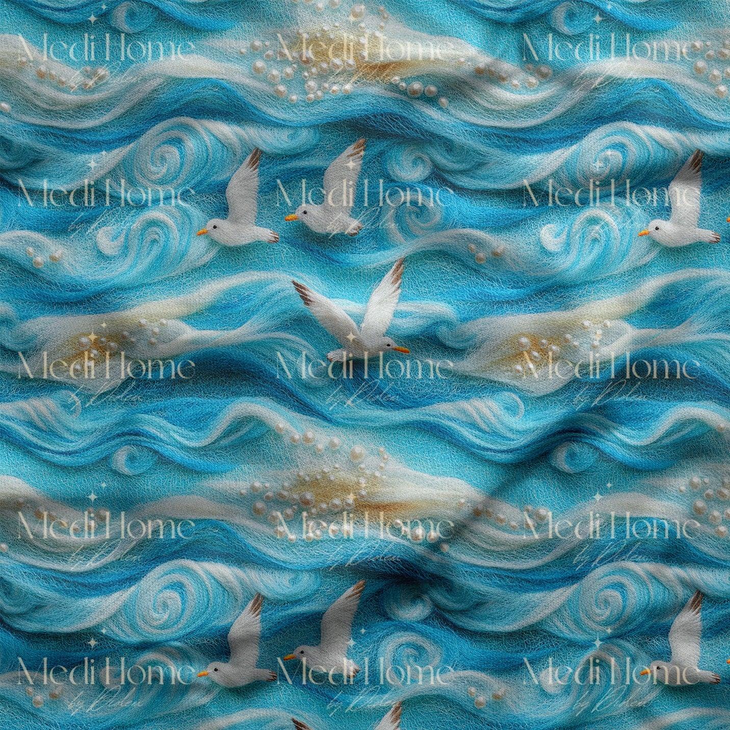 Martılarla Deniz Dalgası Dijital Baskılı Kumaş
