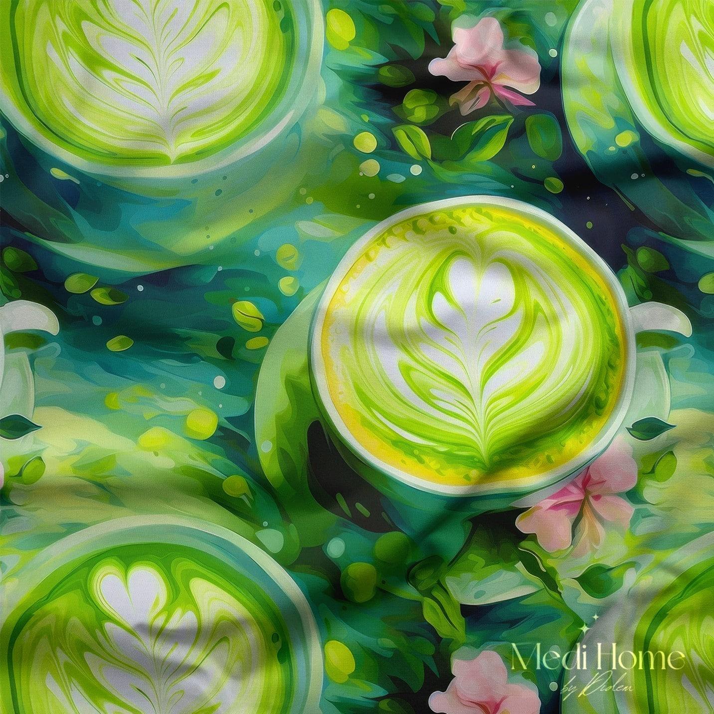 Matcha Köpüklerinde Sabah Baharı Dijital Baskılı Kumaş