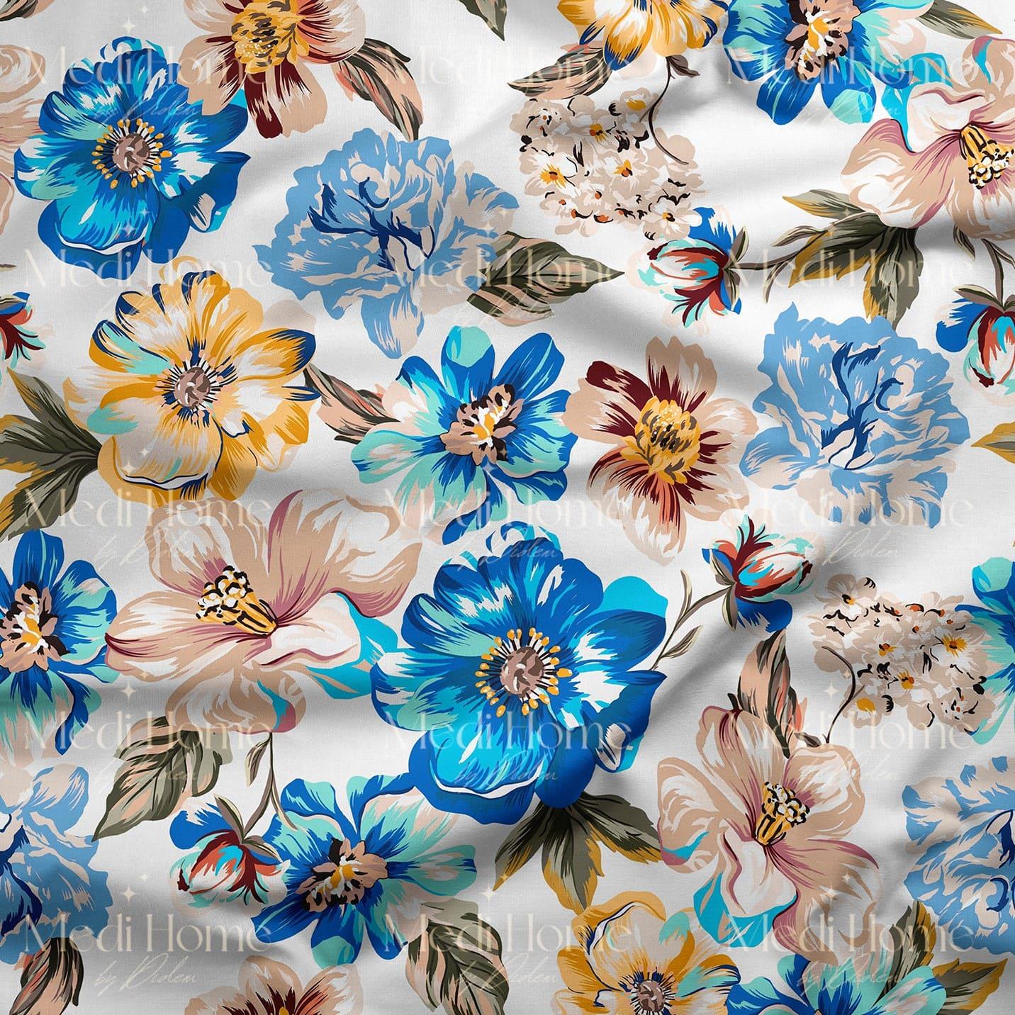 Mavi Baharın Enerjik Çiçek Dansı Dijital Baskılı Kumaş