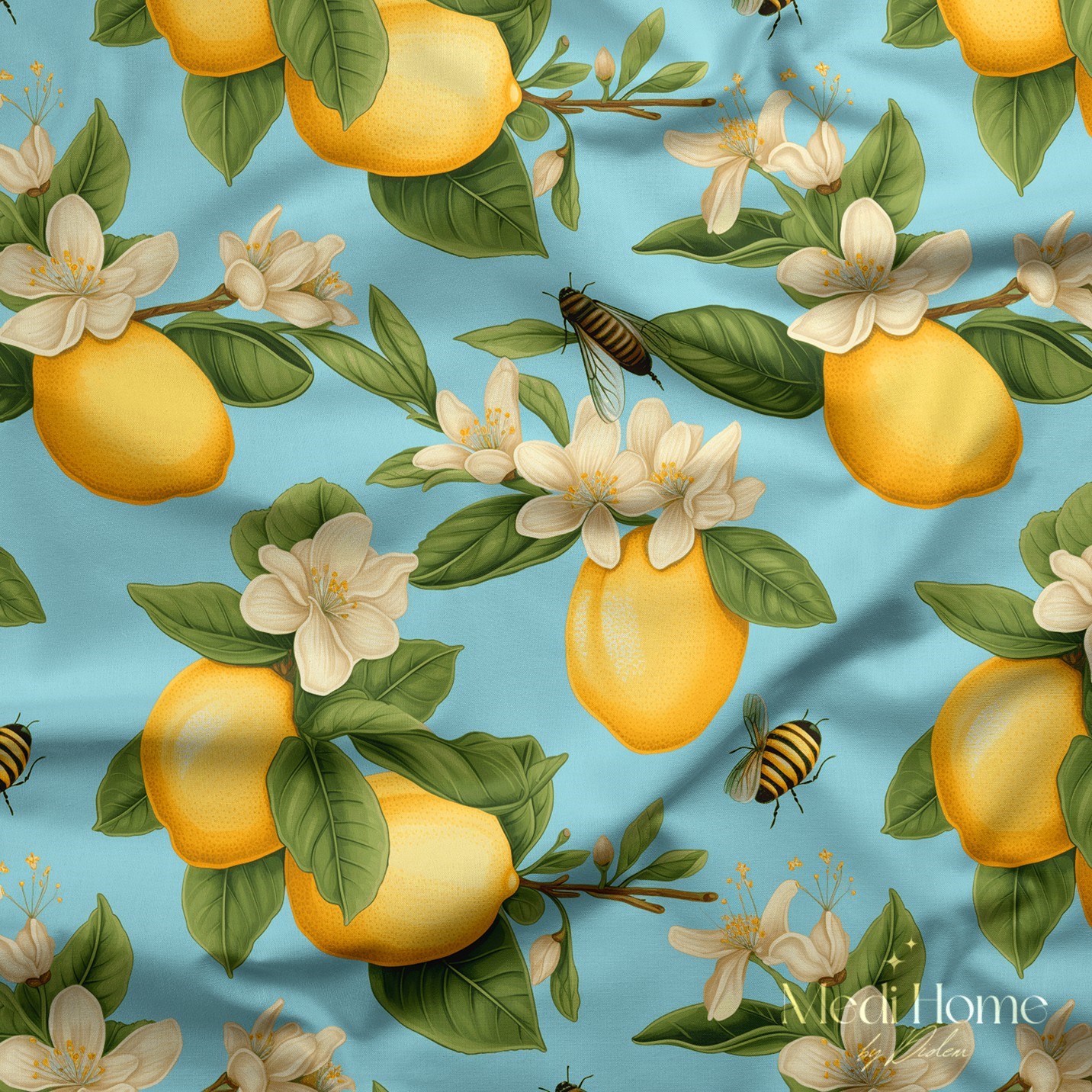Mavi Bahçede Limon ve Arı Senfonisi Dijital Baskılı Kumaş