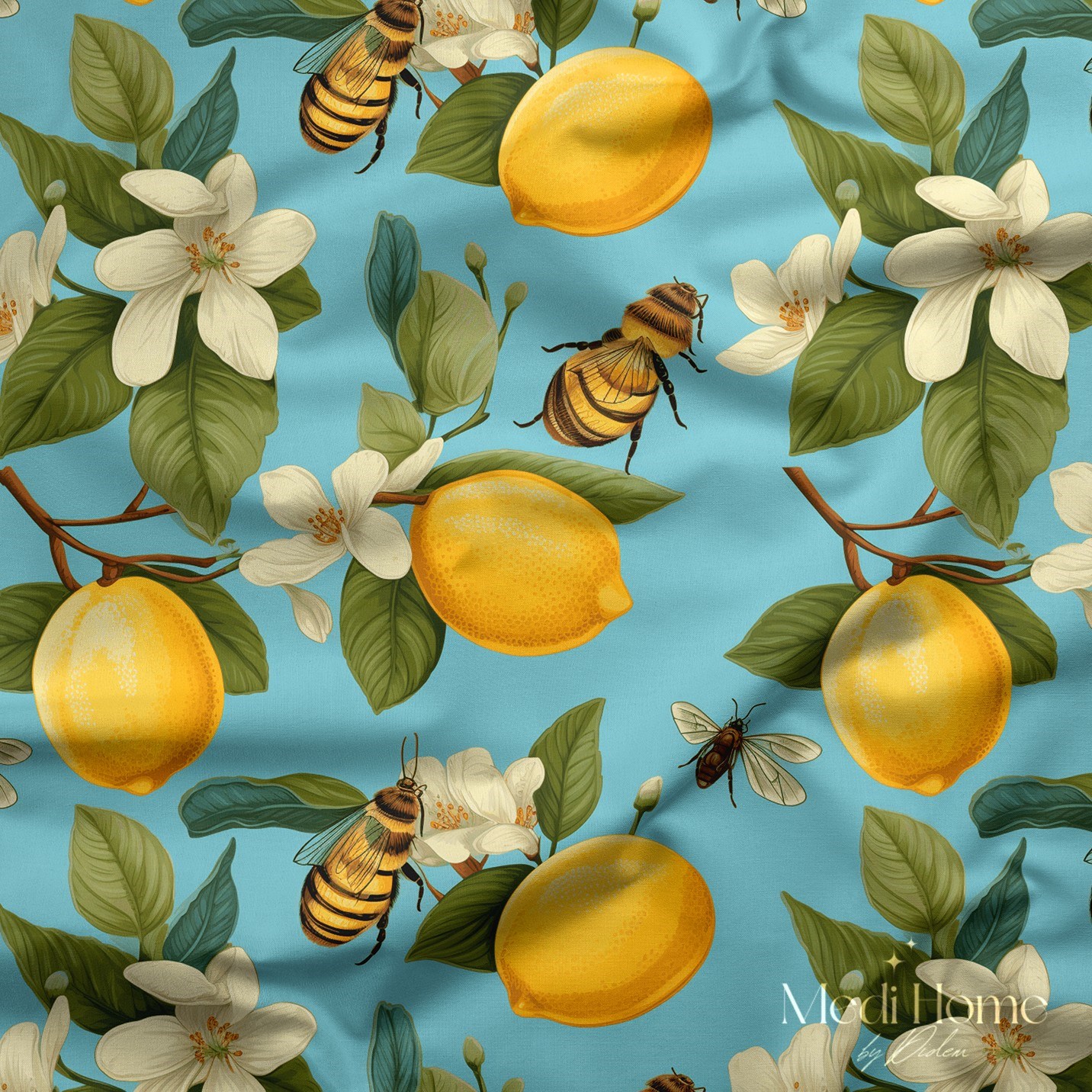 Mavi Bahçede Limon ve Arı Uyumu Dijital Baskılı Kumaş