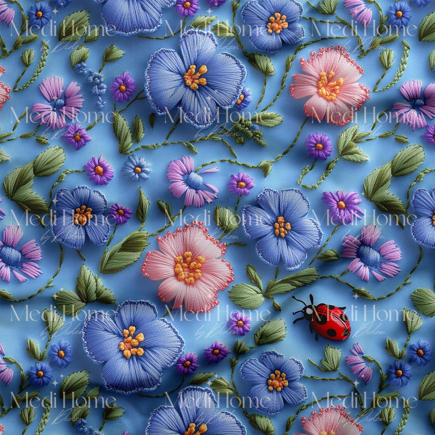 Mavi Bahçede Uğur Böceği Dijital Baskılı Kumaş