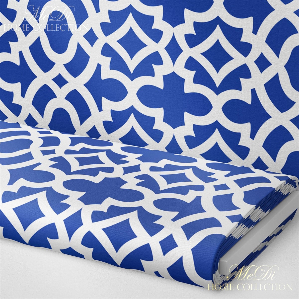 Mavi-Beyaz Geometrik Motif Desenli Dijital Baskılı Kumaş