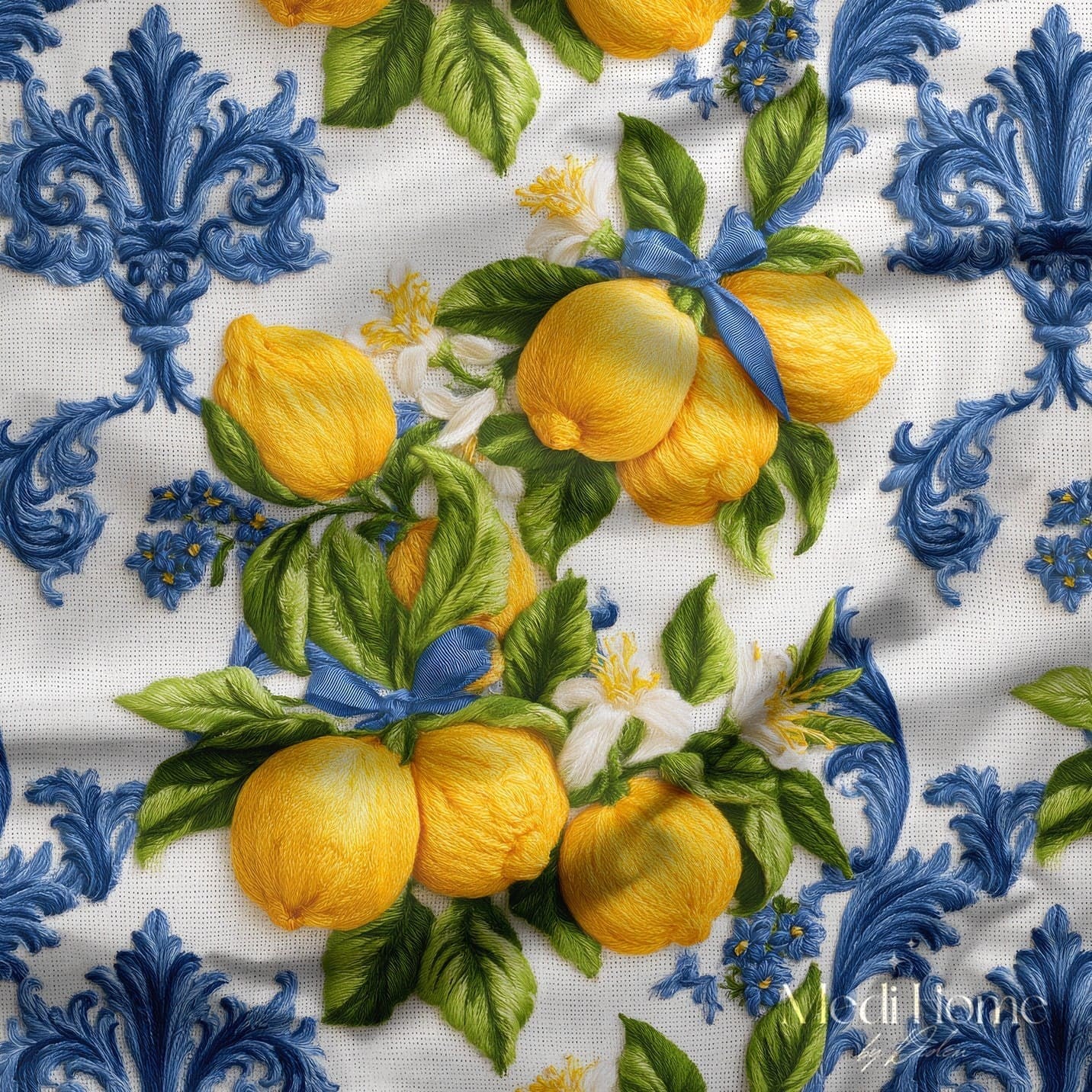 Mavi Çini Limonları 3 Boyutlu Nakış Efektli Dijital Baskılı Kumaş
