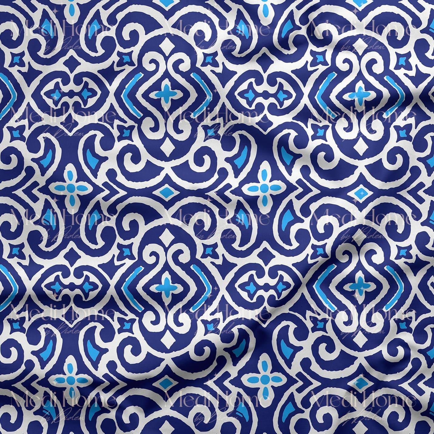 Mavi Çini Motif Desenli Dijital Baskılı Kumaş