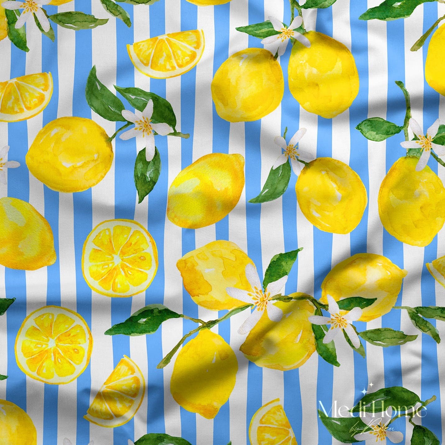 Mavi Çizgili Limon Bahçesi Dijital Baskılı Kumaş