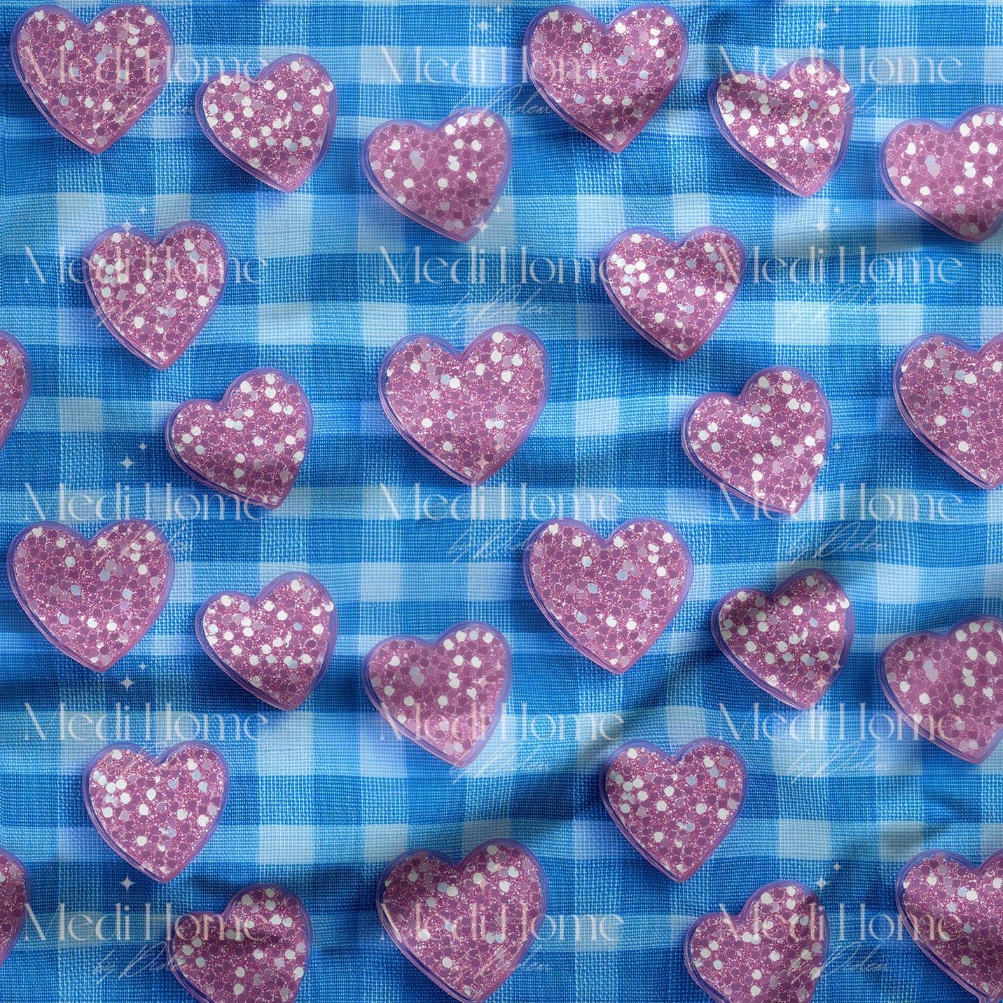 Mavi Ekose Üzerinde Simli Pembe Kalpler Dijital Baskılı Kumaş