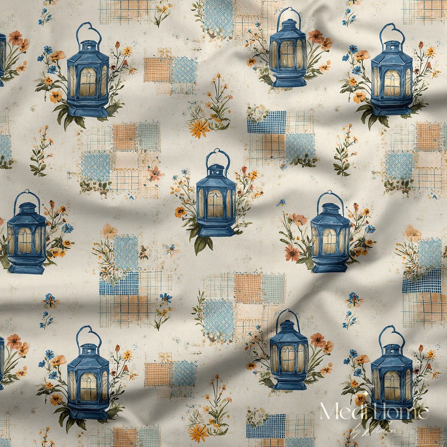 Mavi Fenerli Gün Batımı – Patchwork Kır Çiçekli Dijital Baskılı Kumaş