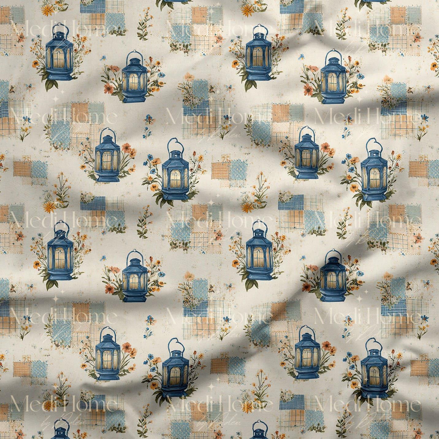 Mavi Fenerli Gün Batımı – Patchwork Kır Çiçekli Dijital Baskılı Kumaş