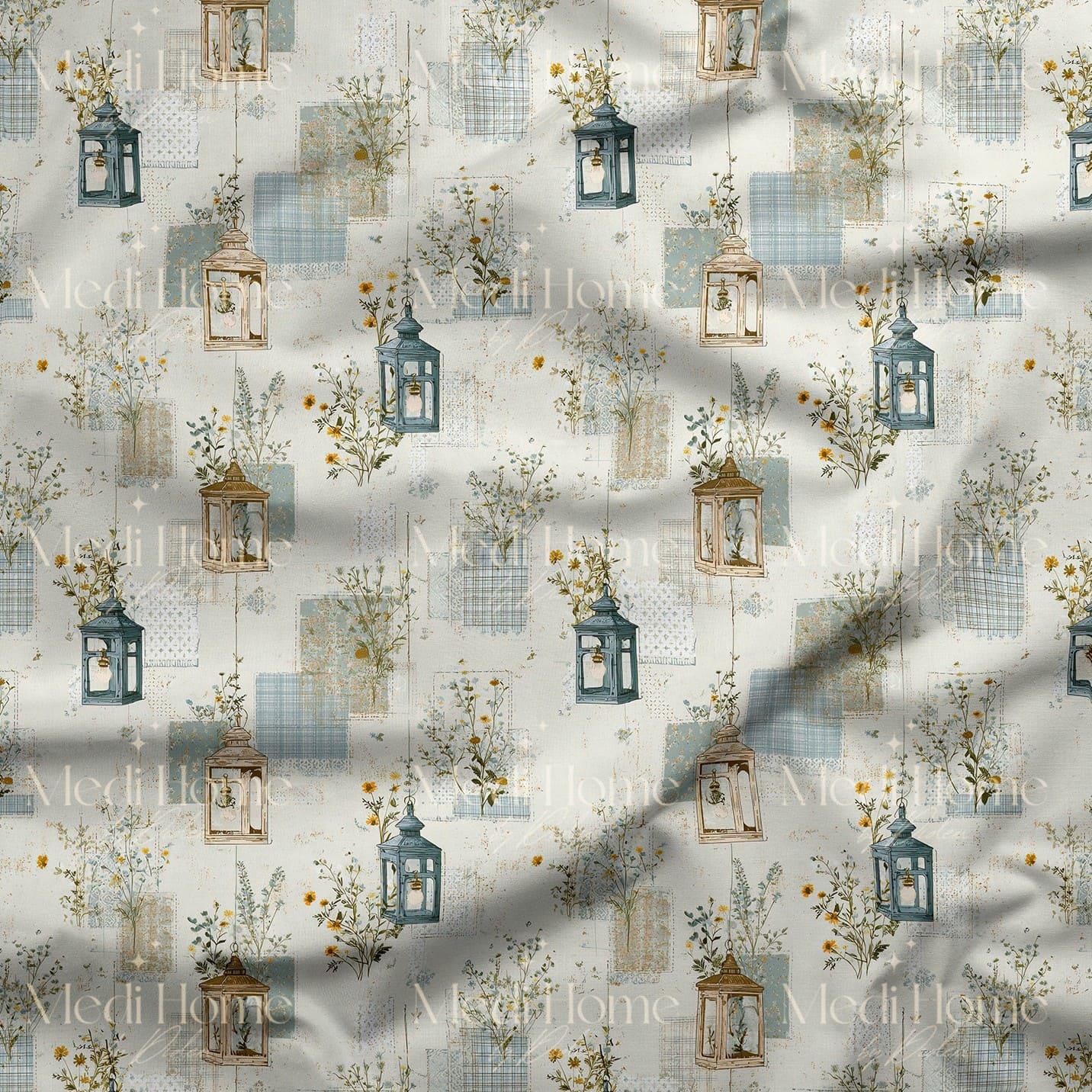 Mavi Fenerli Kır Akşamı – Patchwork Dokulu Çiçekli Dijital Baskılı Kumaş