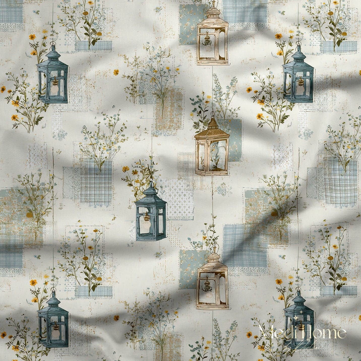 Mavi Fenerli Kır Akşamı – Patchwork Dokulu Çiçekli Dijital Baskılı Kumaş