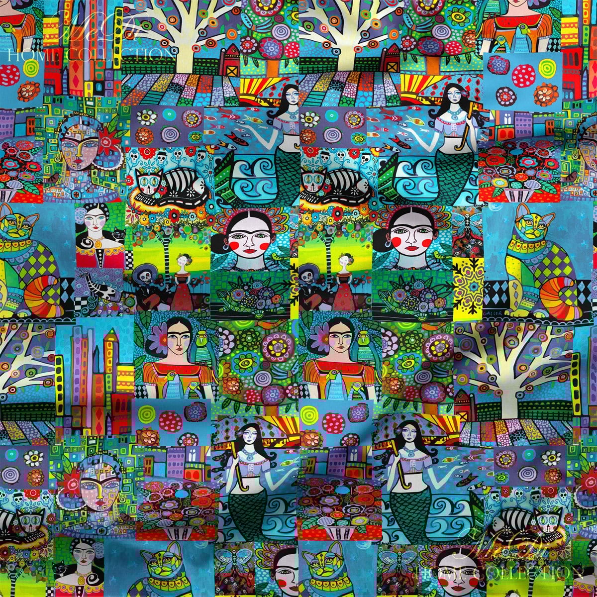 Mavi Frida Kahlo Patchwork Desenli Dijital Baskılı Kumaş