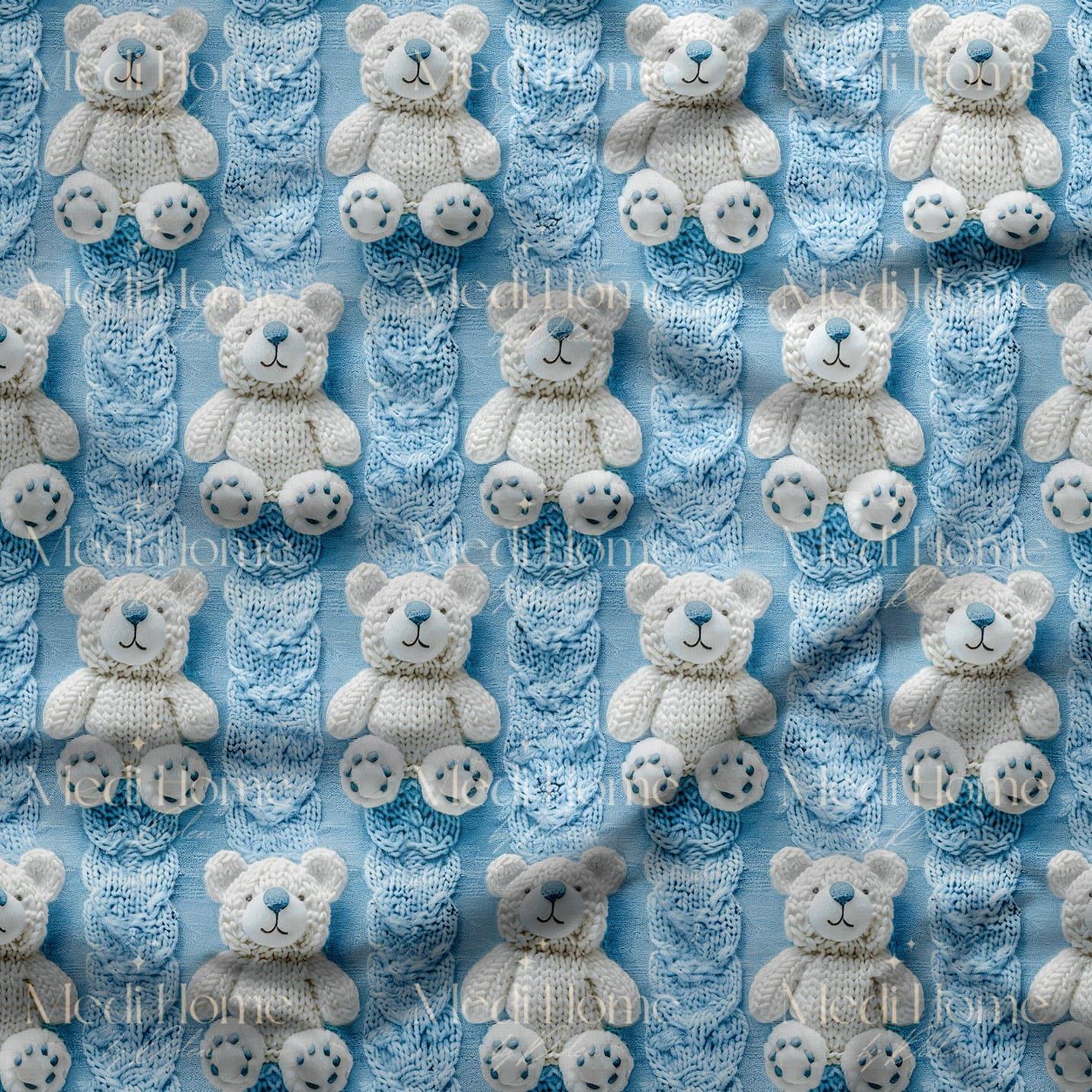 Mavi İlmekler Üzerinde Krem Teddy Masumiyeti Dijital Baskılı Kumaş