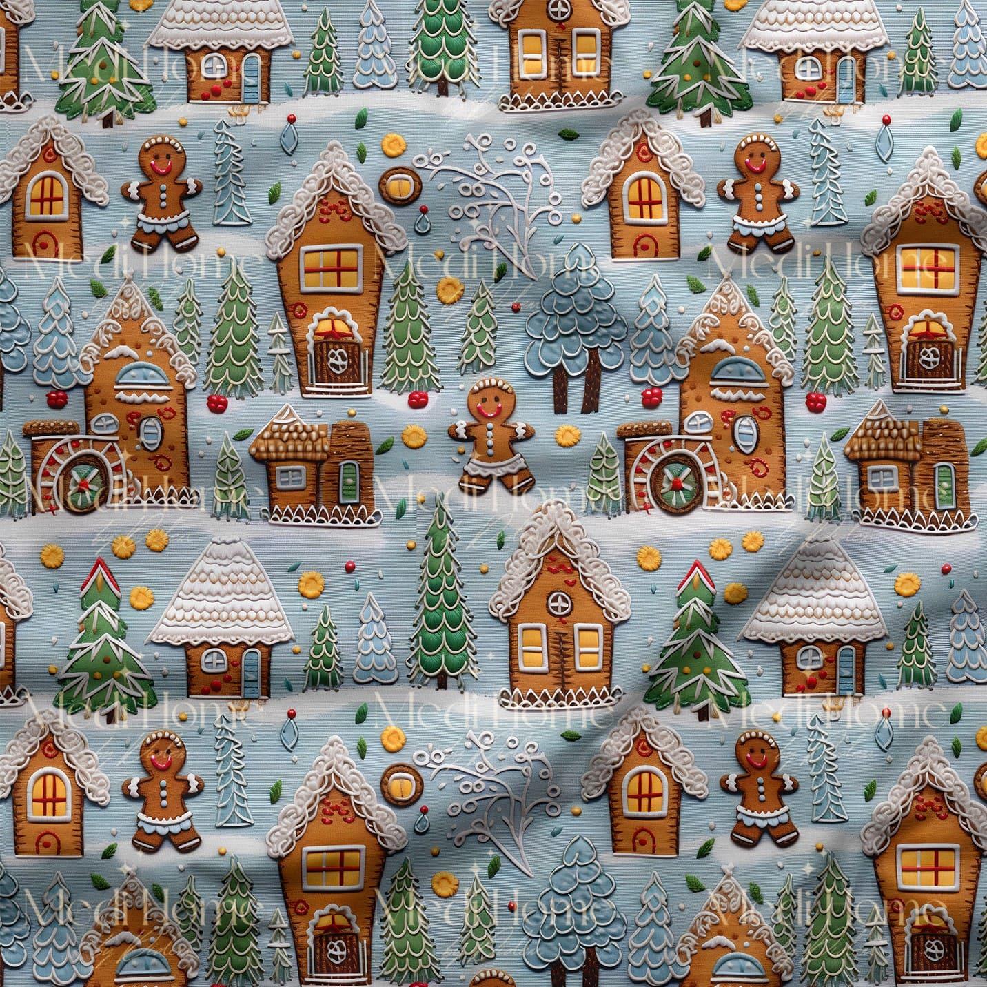 Mavi Kış Köyünde Gingerbread Neşesi Dijital Baskılı Kumaş