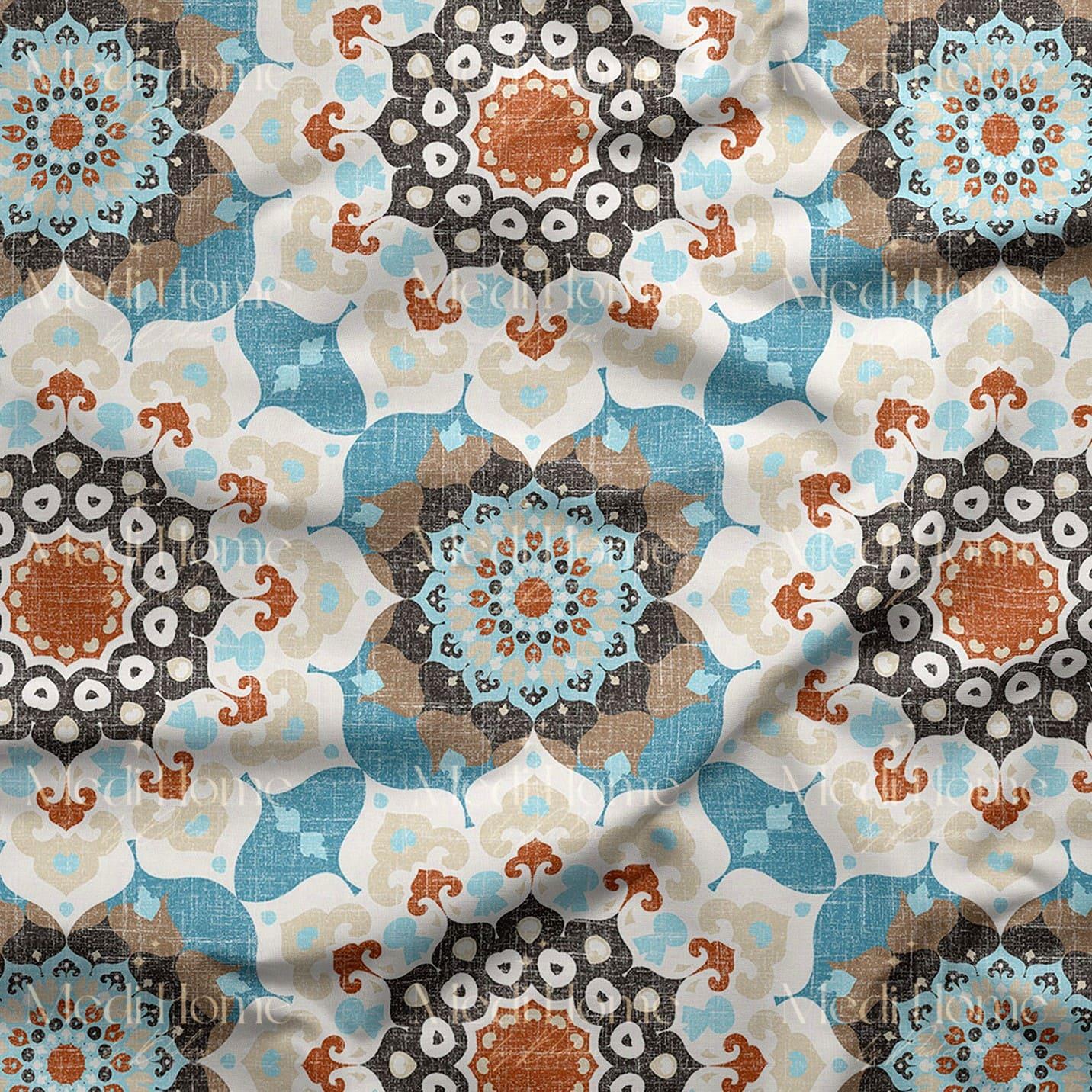 Mavi Mandala Etnik Desenli Dijital Baskılı Kumaş