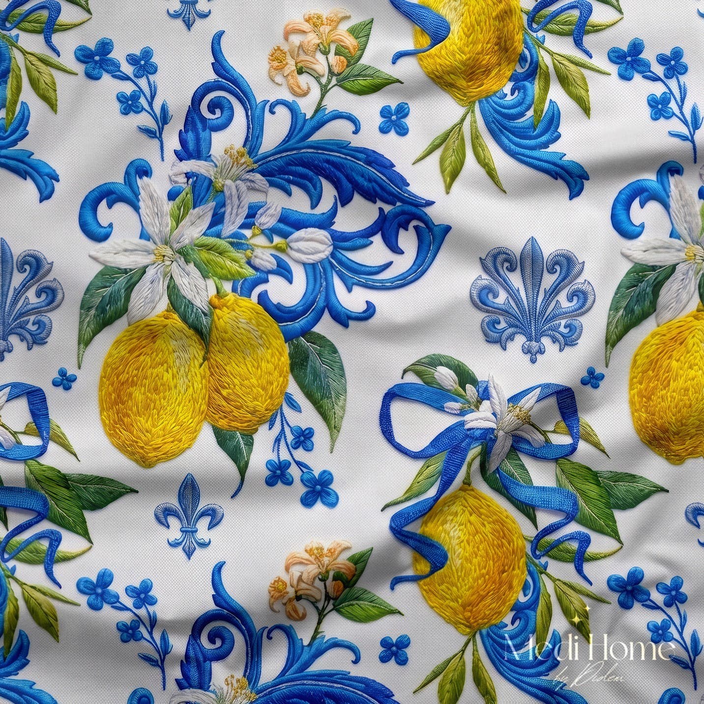 Mavi Saray Limonları 3 Boyutlu Nakış Efektli Dijital Baskılı Kumaş