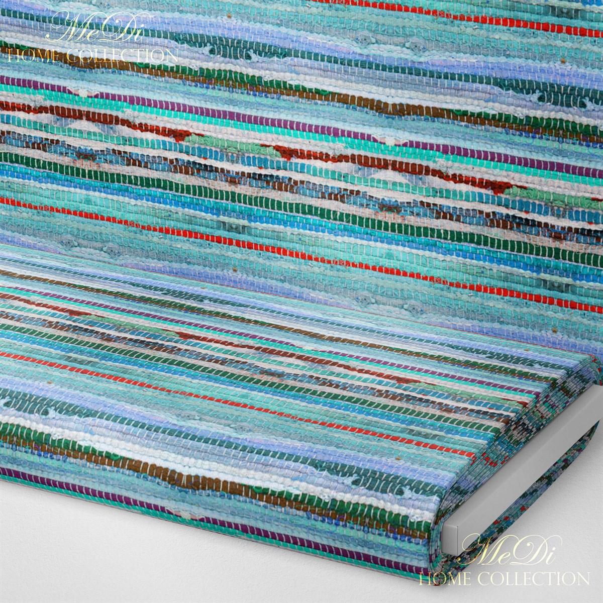 Mavi Tonları Hasır İp Görünümlü Çizgili Dijital Baskılı Kumaş