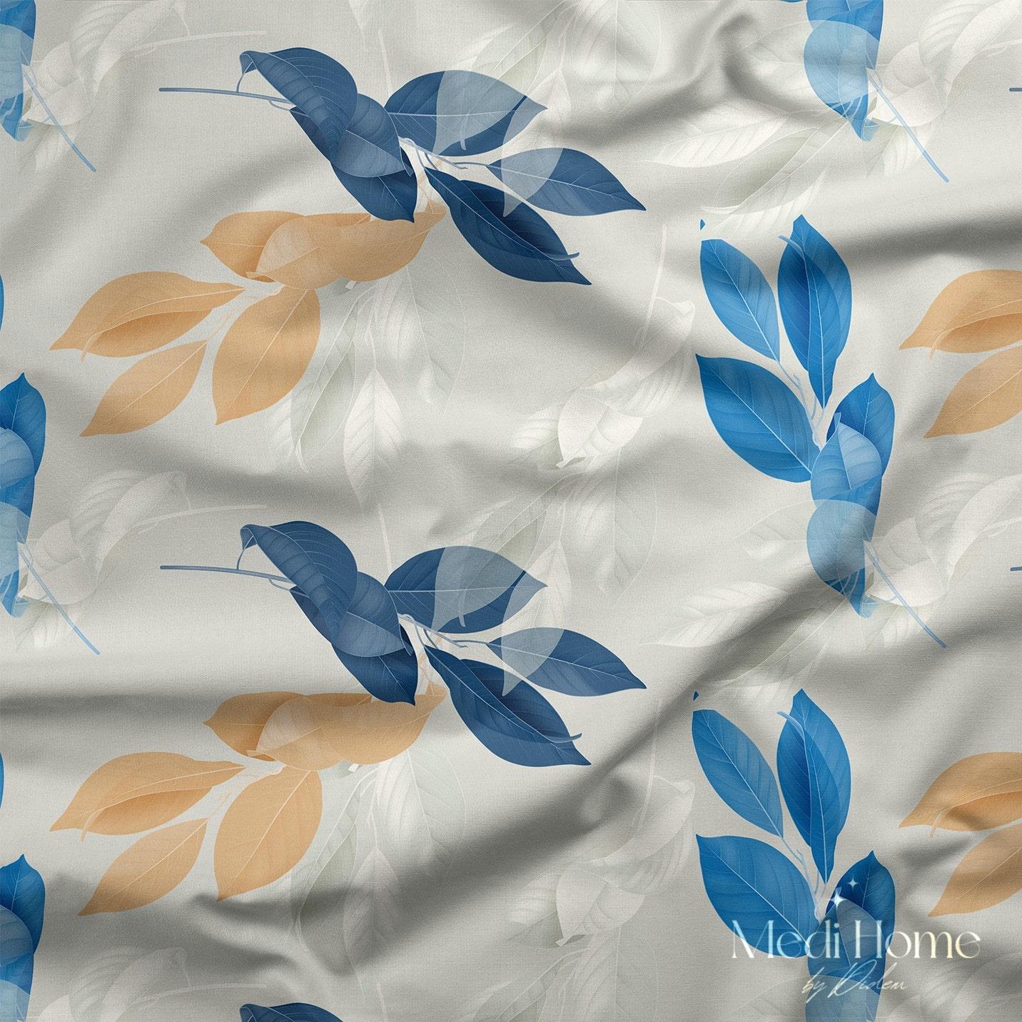Mavi ve Karamel Yaprakların Sessiz Dansı Dijital Baskılı Kumaş