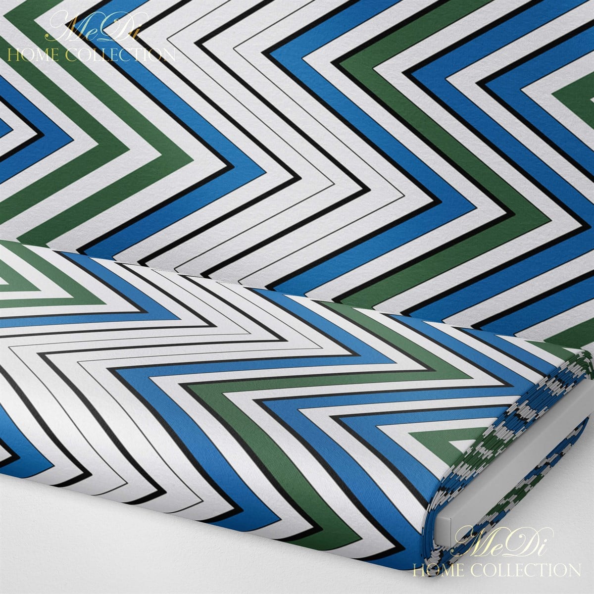 Mavi ve Yeşil Zigzag Desenli Dijital Baskılı Kumaş