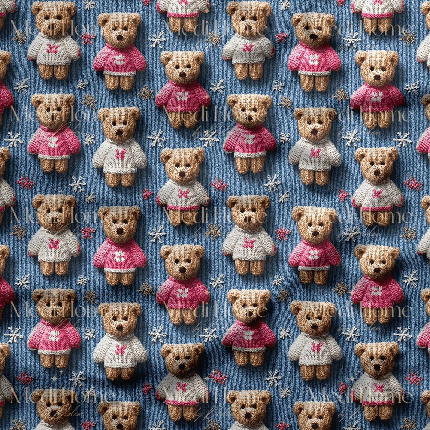 Mavi Zeminde Pembe & Krem Kazaklı Teddy Ayıcıklar Dijital Baskılı Kumaş