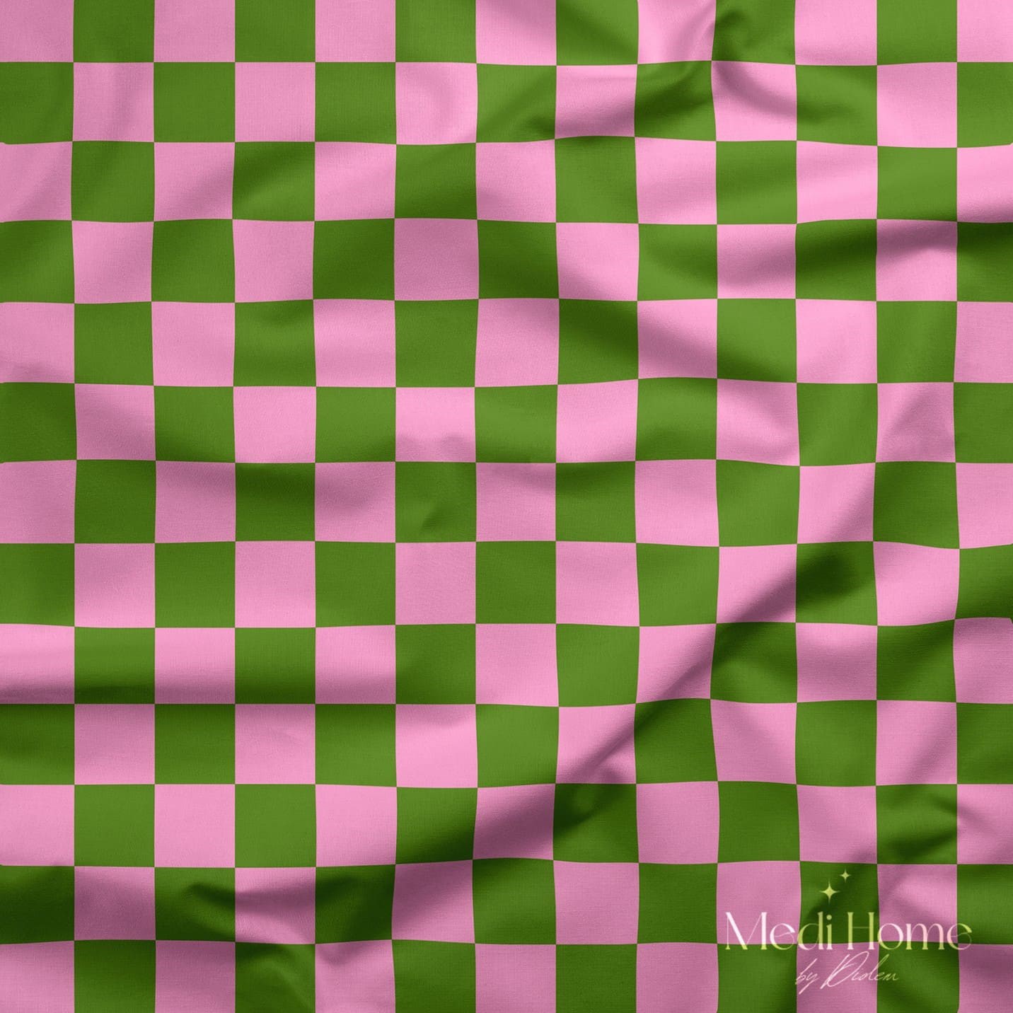 Mini Pembe Yeşil Dama Dokusu Dijital Baskılı Kumaş