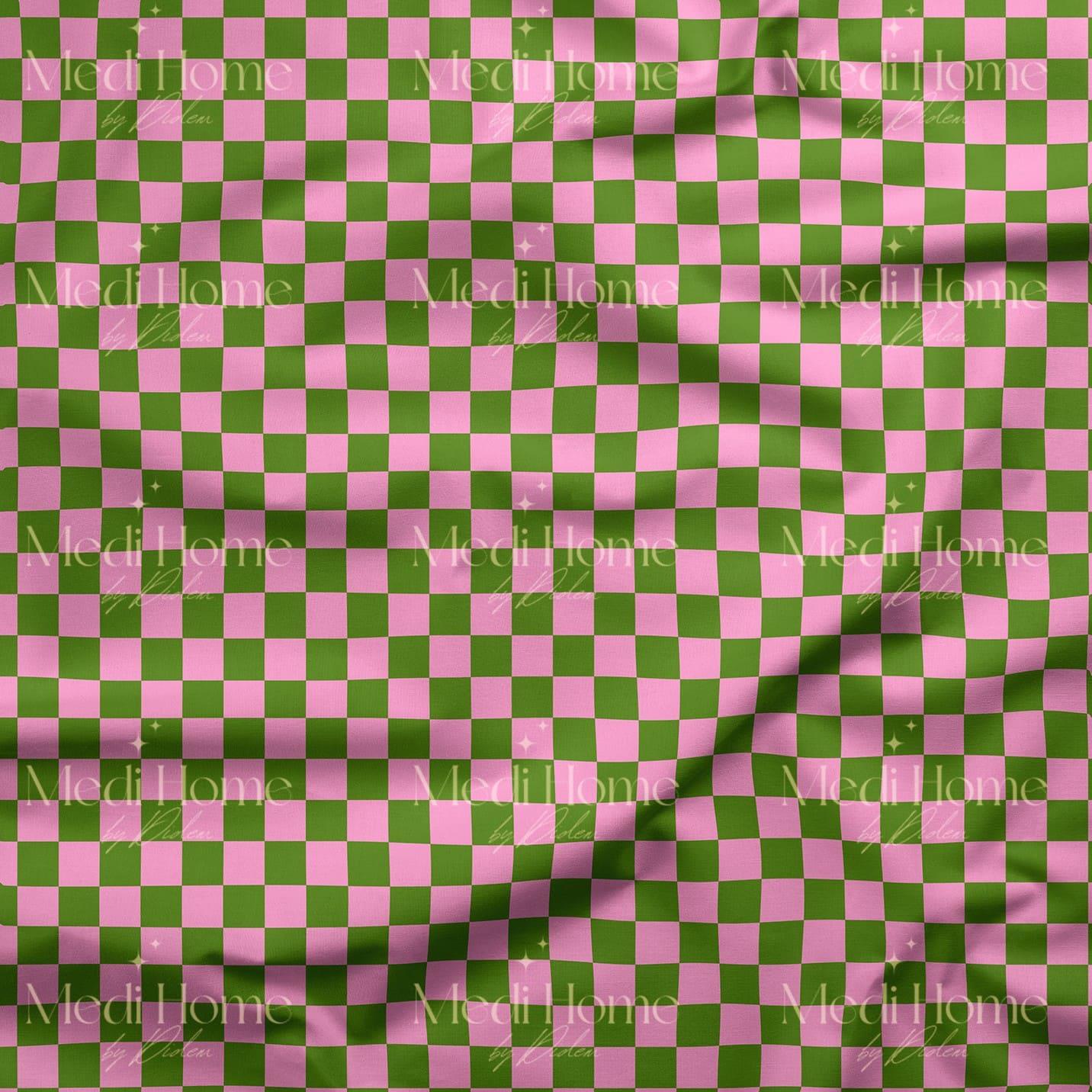 Mini Pembe Yeşil Dama Dokusu Dijital Baskılı Kumaş