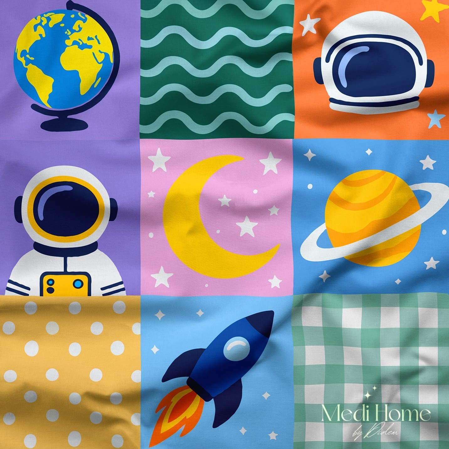 Minik Astronotlar Patchwork Dijital Baskılı Kumaş