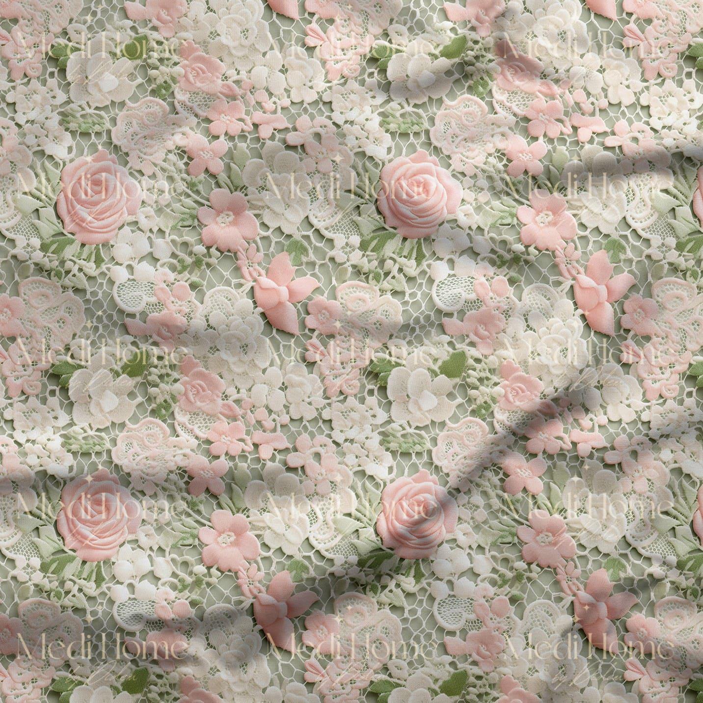 Mint Dantelli Pembe Gül Bahçesi Dijital Baskılı Kumaş